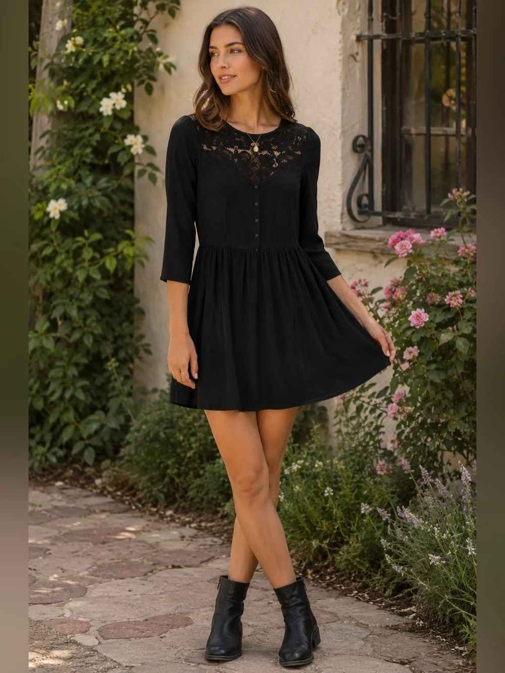 ASOS Black Lace 3/4 Length Sleeve Dress Lace Yoke Size 4 Cottagecore Romantic